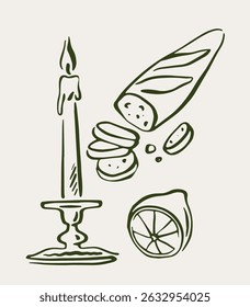 Hand-drawn sketch of a candle in holder, sliced bread, and a lemon half on a light background. Concept of rustic dining or vintage kitchen. Vector illustration