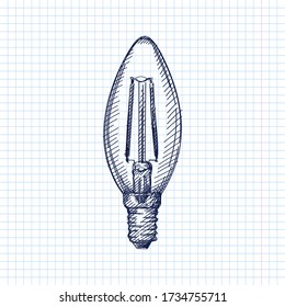 Hand-drawn sketch of a candle light bulb. Incandescent light bulb, incandescent lamp or incandescent light globe.	
