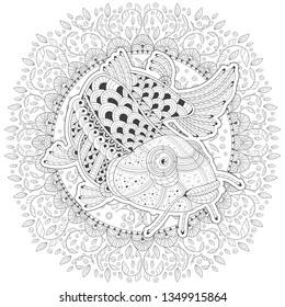 Hand-drawn sketch of a catfish fish in the midst of algae on a white background. Image for coloring pages. Vector illustration
