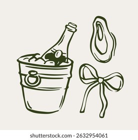 Hand-drawn sketch of a champagne bottle in an ice bucket, an oyster, and a ribbon bow on a light background. Concept of luxury celebration. Vector illustration