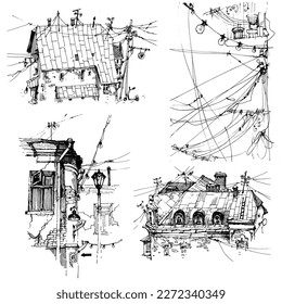 Hand-drawn sketch of a charming city street. Black and white vector illustration.