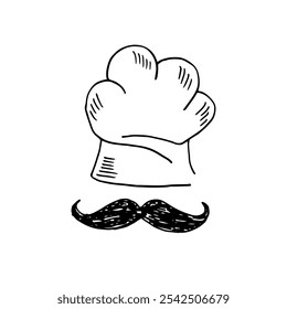 Esboço desenhado à mão de um chapéu de chef e um logotipo de bigode, restaurante.