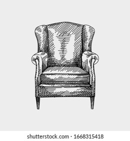 Hand-drawn sketch of Chesterfield leather armchair with quilted and long backrest. Armchair of the antique period. Vintage armchair. Chesterfield sofas