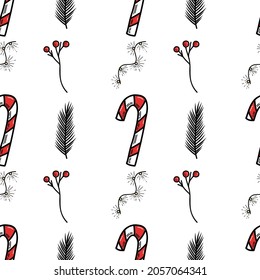 Hand-drawn sketch Christmas candies and trees. Seamless pattern. Vector version