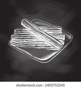 Hand-drawn sketch of churos on chalkboard background. Vintage drawing of Mexican dessert. Vector black ink food. Mexican food, cuisine. An illustration for the menu. Latin America.