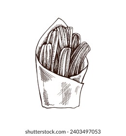 Hand-drawn sketch of churos. Vintage drawing of Mexican dessert. Vector black ink outline food illustration. Mexican food, cuisine. An illustration for the menu. Latin America.