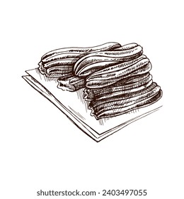 Hand-drawn sketch of churos. Vintage drawing of Mexican dessert. Vector black ink outline food illustration. Mexican food, cuisine. An illustration for the menu. Latin America.