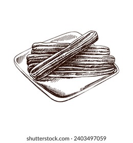 Hand-drawn sketch of churos. Vintage drawing of Mexican dessert. Vector black ink outline food illustration. Mexican food, cuisine. An illustration for the menu. Latin America.