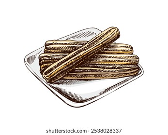 Boceto de churos dibujado a mano. Antiguas dibujo de postre mexicano. Ilustración de comida de contorno de tinta negra de Vector. Comida mexicana, cocina. Una ilustración para el menú. Latina América.