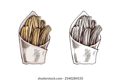 Boceto de churos dibujado a mano. Antiguas dibujo de postre mexicano. Ilustración de comida de contorno de tinta negra de Vector. Comida mexicana, cocina. Una ilustración para el menú. Latina América.