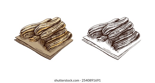 Hand-drawn sketch of churos. Vintage drawing of Mexican dessert. Vector black ink outline food illustration. Mexican food, cuisine. An illustration for the menu. Latin America.