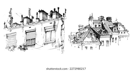 Hand-drawn sketch of the city's urban landscape. Black and white vector illustration.