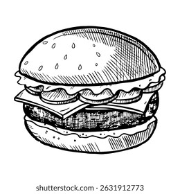 A hand-drawn sketch of a classic hamburger with sesame seed bun, lettuce, cheese, and a beef patty. The illustration captures the details of the ingredients clearly.