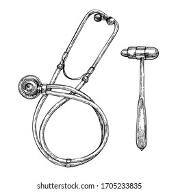 Hand-drawn sketch of Classic Stethoscope, neurological hammer and a phonendoscope. Medical tools. Sketch ink Stethoscope.