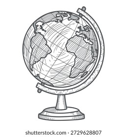 A hand-drawn sketch of a classic terrestrial globe mounted on a pedestal base.