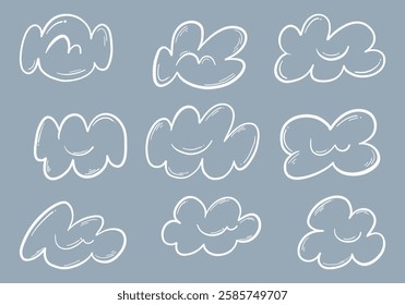 Hand-Drawn Sketch Cloud Shape Bundle. A collection of hand-drawn sketch-style cloud shapes with soft, rounded edges and subtle strokes. These whimsical and airy elements are perfect for illustrations