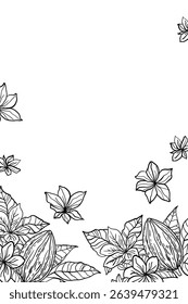 A hand-drawn sketch of cocoa beans in black ink, a design in the style of sketches, made in the style of ancient doodles, engraved with a pen on wrapping paper. Close-up view.