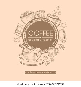 Hand-drawn sketch coffee cooking and drinks, vector illustration.