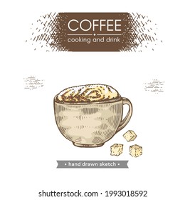 Hand-drawn sketch coffee drink with sugar, vector illustration.