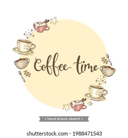 Hand-drawn sketch coffee drinks and desserts on the yellow background, vector illustration.