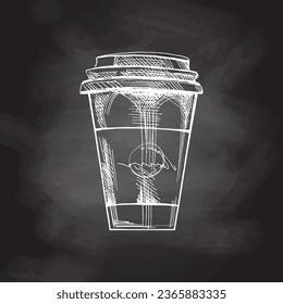 Hand-drawn sketch of coffee takeaway cup on chalkboard background. Doodle illustration. Ecology concept. Vector.