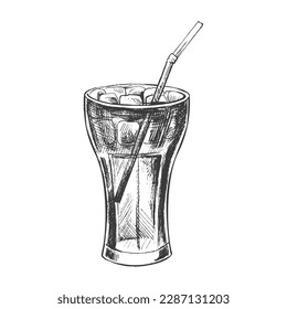 Hand-drawn sketch of  cola glass  with ice  isolated on white background. Fast food vintage illustration. Element for the design of labels, packaging and postcards
