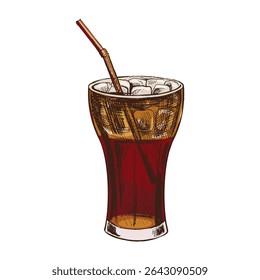 Esboço desenhado à mão de vidro de cola com gelo isolado sobre fundo branco. Ilustração da safra de fast food. Elementos para a concepção de etiquetas, embalagens e cartões postais