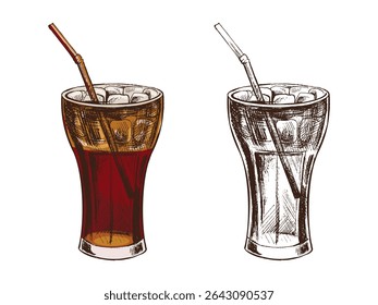 Hand-drawn sketch of  cola glass  with ice  isolated on white background. Fast food vintage illustration. Element for the design of labels, packaging and postcards