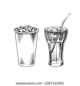 Hand-drawn sketch of  cola  glasses  with ice  isolated on white background. Fast food vintage illustration. Element for the design of labels, packaging and postcards
