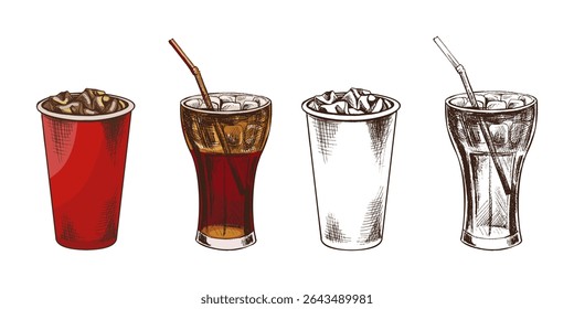 Hand-drawn sketch of  cola  glasses  with ice  isolated on white background. Fast food vintage illustration. Element for the design of labels, packaging and postcards
