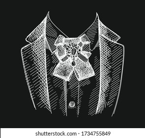 Hand-drawn sketch of collar and pre tied bow black tie and brooch pin on a black background. Bow tie with brooch pin	
