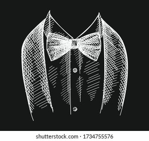 Hand-drawn sketch of collar with simple bow tie on a black background. Shirt collar with traditional bow tie.	
