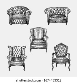 Hand-drawn sketch of collection of 5 armchairs of antique period. Chesterfield leather armchair with quilted and long backrest. Armchair of the antique period. Vintage armchair. Chesterfield sofas