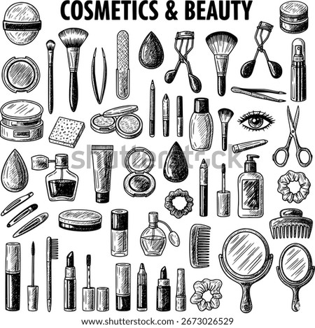 Hand-Drawn Sketch Collection: Essential Cosmetics, Beauty Products, Makeup Tools  Skincare. Detailed Line Art Set for Personal Care, Hair  Styling Accessories.