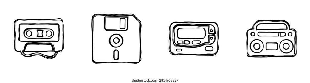A hand-drawn sketch collection featuring iconic retro technology items from the past, representing analog and early digital eras