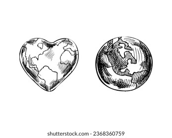 Hand-drawn sketch collection of planet Earth and heart shaped Earth. Nature and ecology vector illustration. Earth Day element. Vintage style.