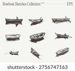 A hand-drawn sketch collection sheet featuring six wooden rowboats shown from different angles, including boats with seated rowing figures and empty boats, all rendered in consistent vintage engraving style on a light background.