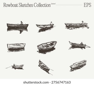 A hand-drawn sketch collection sheet featuring six wooden rowboats shown from different angles, including boats with seated rowing figures and empty boats, all rendered in consistent vintage engraving style on a light background.
