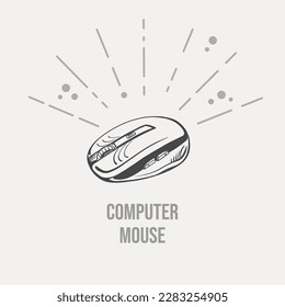 Hand-drawn sketch of a computer mouse on a light background. Vector