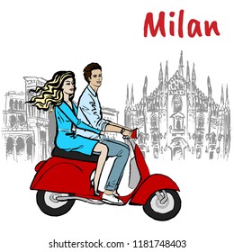 Hand-drawn sketch of couple driving scooter in Milan at Piazza del Duomo in Italy.
