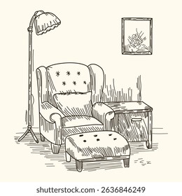 A hand-drawn sketch of Cozy Living Room Sketch with Armchair, Lamp, and Ottoman