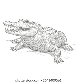 A hand-drawn sketch of a crocodile resting on the ground with detailed scales and strong jawline. The artwork captures the animal’s natural anatomy and posture, ideal for educational or wildlife-theme