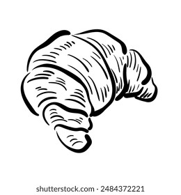 Hand-drawn sketch of a croissant. Fresh French bun drawing. Breakfast pastry. Sweet tasty baked food. Perfect for bakery menus, food blogs, and culinary-themed projects. Vector illustration.