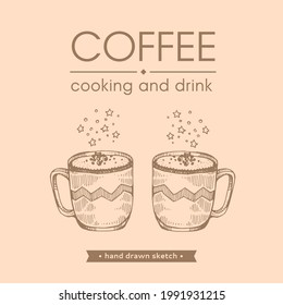 Hand-drawn sketch cups with coffee drinks, vector illustration.