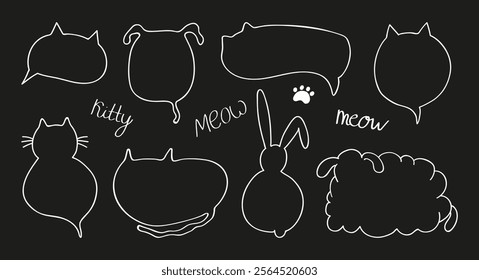 Hand-drawn sketch of a cute set of cat and dog-themed speech bubbles and frames in doodle line style. n