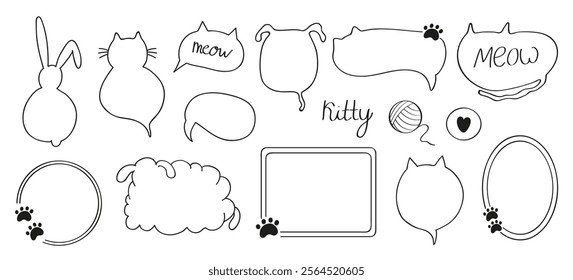 Hand-drawn sketch of a cute set of cat and dog-themed speech bubbles and frames in doodle line style. n