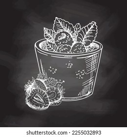 A hand-drawn sketch of a dairy dessert with raspberries and mint leaves and strawberries lying next to it. Chalkboard vector hand drawn Illustration. Vintage element.