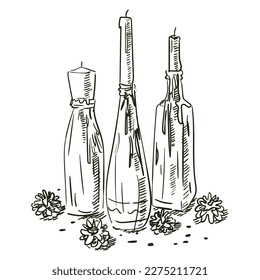 A hand-drawn sketch of the decor for serving dinner at a wedding ceremony. Decoration for the wedding ceremony. Beautiful bottles with candles and cones. Serving for a holiday. On a white background