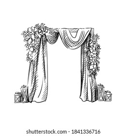 Hand-drawn sketch of decorated arch for wedding ceremony. Wedding deccor. Preparation for wedding ceremony. Bride and groom arch. Holiday. Celebration.