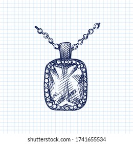 Hand-drawn sketch of decorative antique jewellery. Beautiful vintage necklace with pendant on a white background. Antique accessories. Old bijouterie.